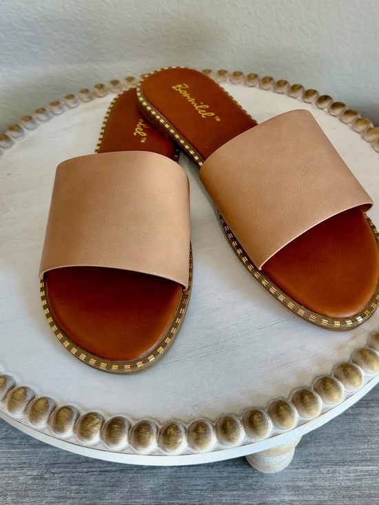 Bonnibel Shoes - Bonnibel Tan Neutral Embellished Flat Slide Summer Casual Sandals 7.5